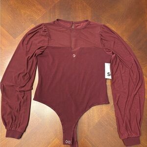 SO Burgundy Long Sleeve Mesh Bodysuit